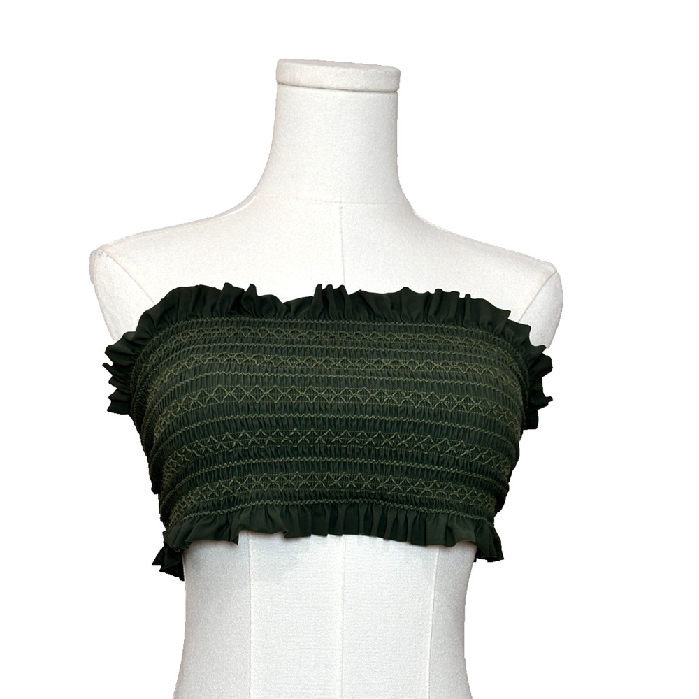 Tory Burch Olive Green Costa Smocked Ruffled Embroidered Bandeau Large